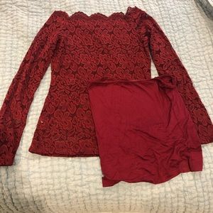 PattyBoutik cranberry lace off shoulder top Large